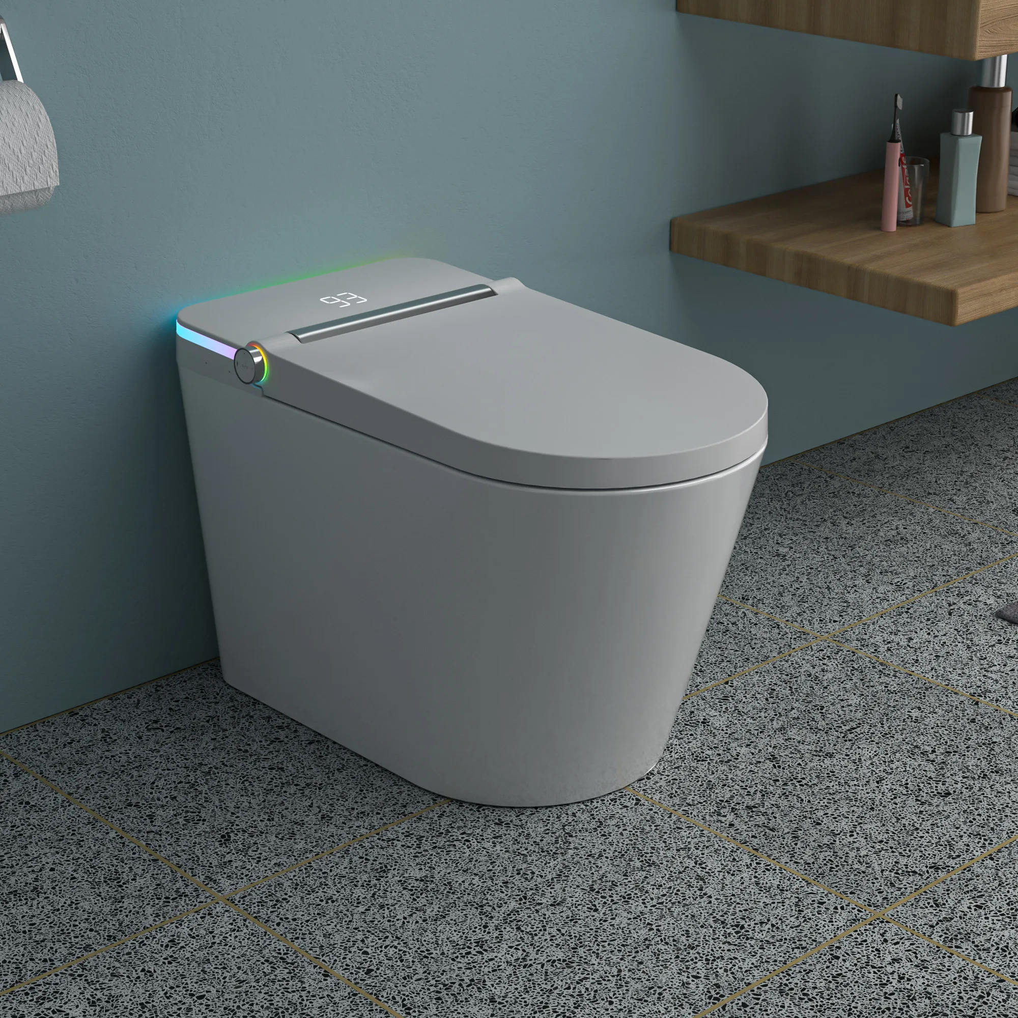 

Smart Toilet with Bidet Built in, Auto Open & Close, Elongated Heated seat, Foot Sensor Flush, LED Display, Warm Water Wash, Dry