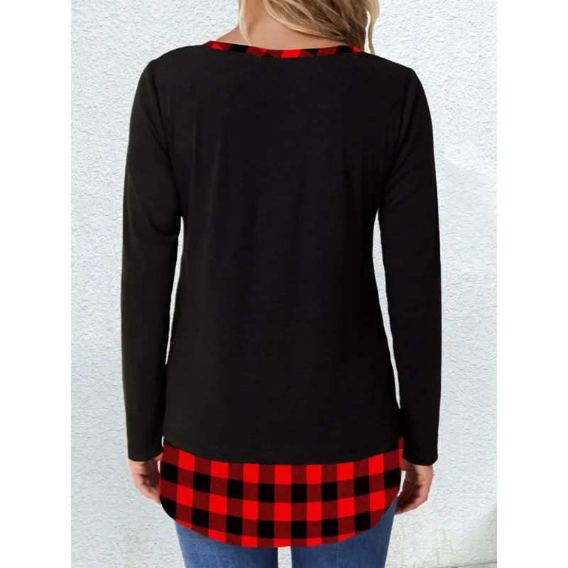 Women\'s 1XL-5XL Plus Size Color Matching Plaid Print Long Sleeve Round Neck T-shirt New Casual Round Neck Button T-shirt Top