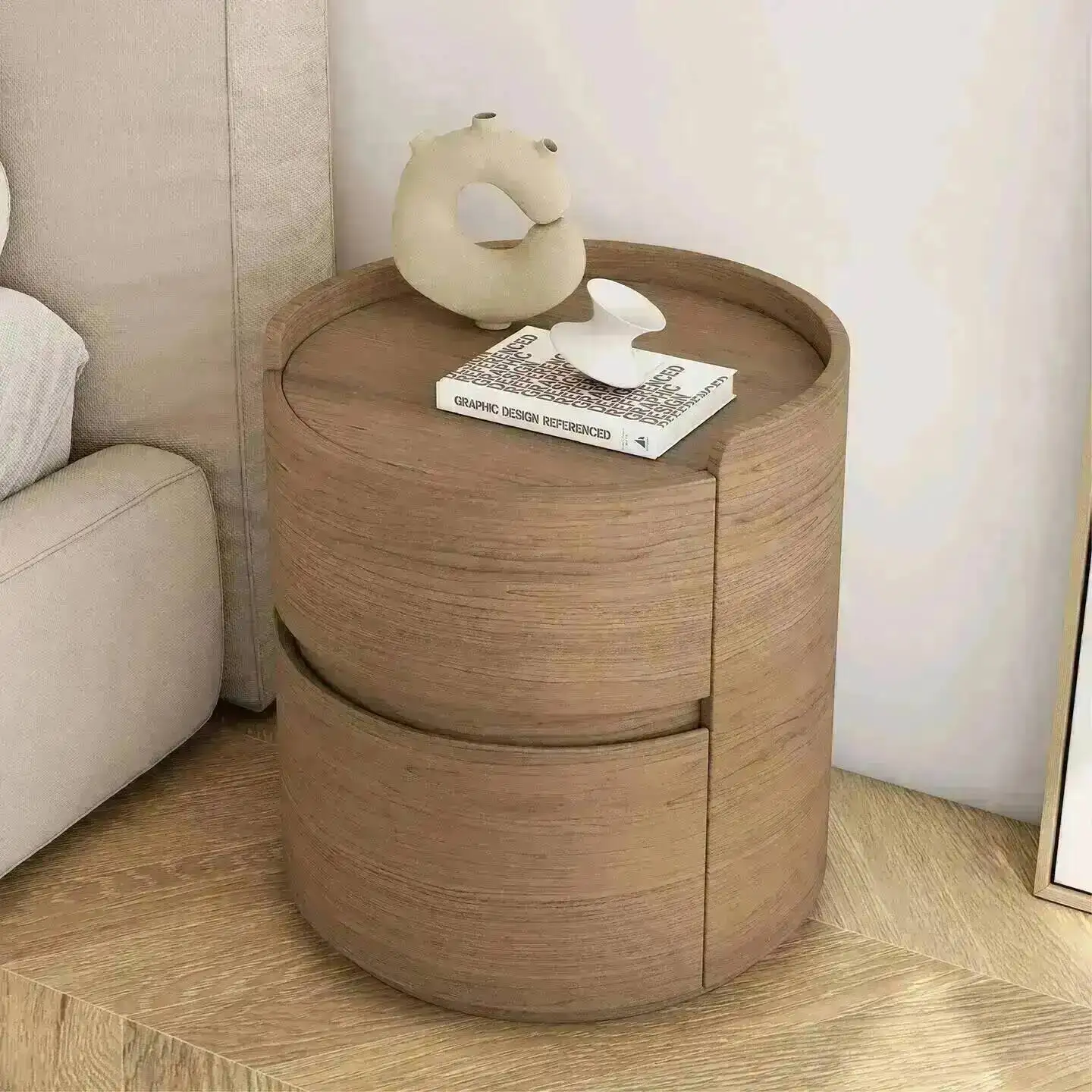 Nordic Creative Barrel Table Bedroom Bedside Walnut Texture Drawer Storage Cabinet Modern Furniture