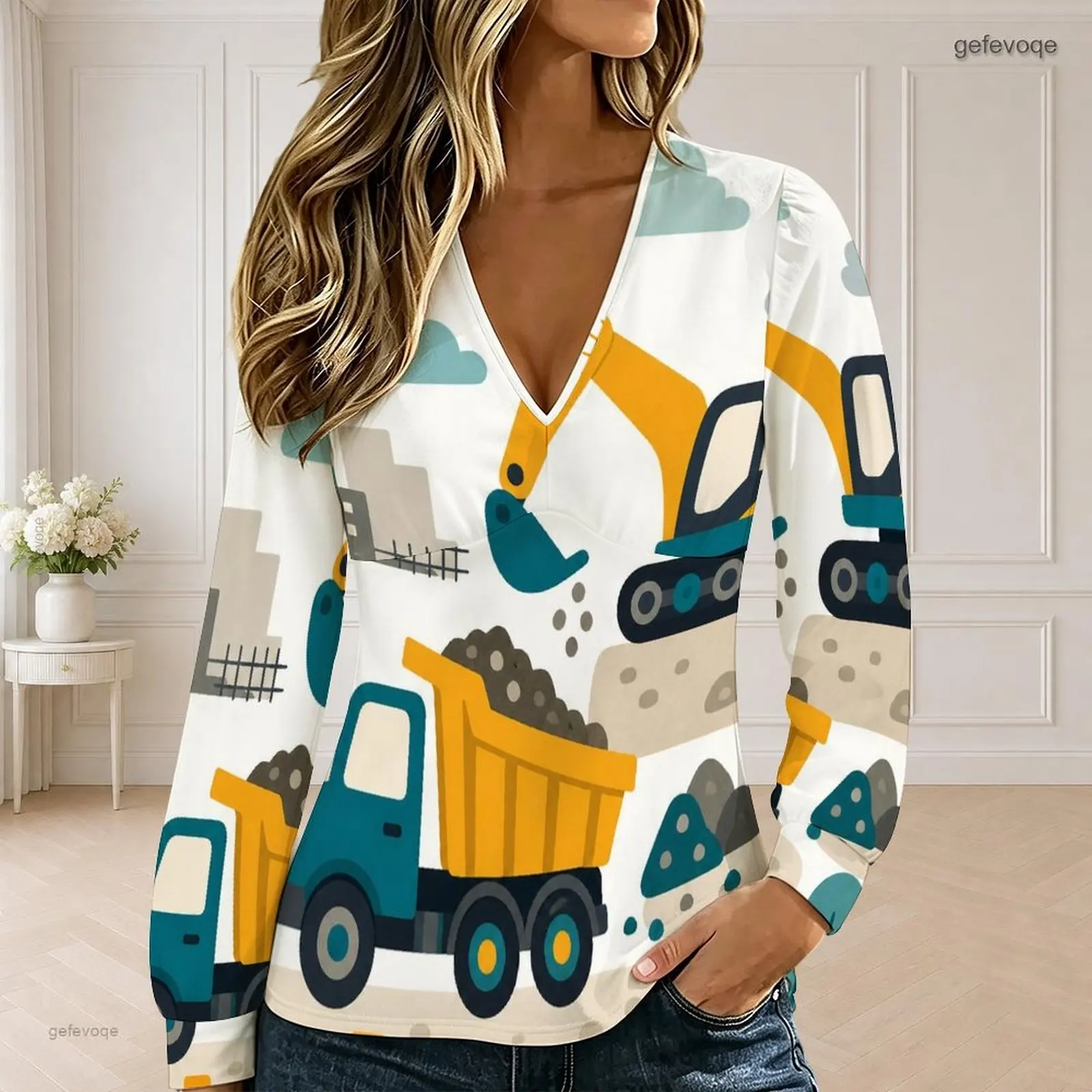 Women V Neck Long Sleeve Top, White Base Cartoon Construction Vehicle Print Casual Shirt