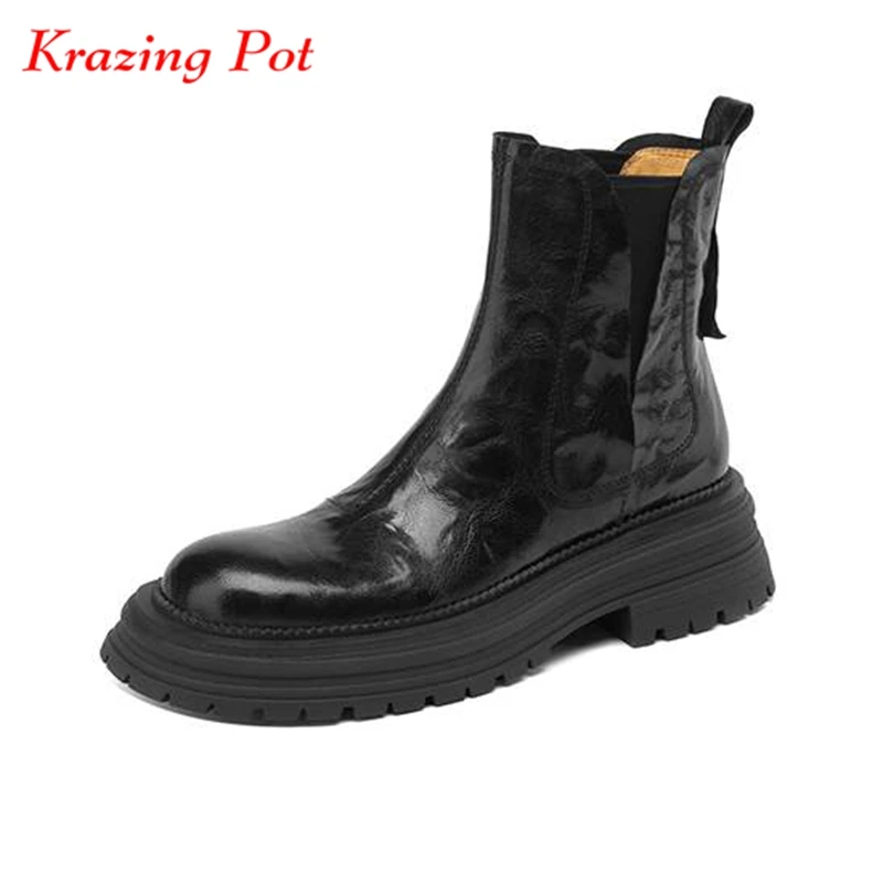 Krazing Pot owcza skóra w stylu Vintage z okrągłym noskiem zimowe ciepłe Chelsea Boots szpilki w stylu