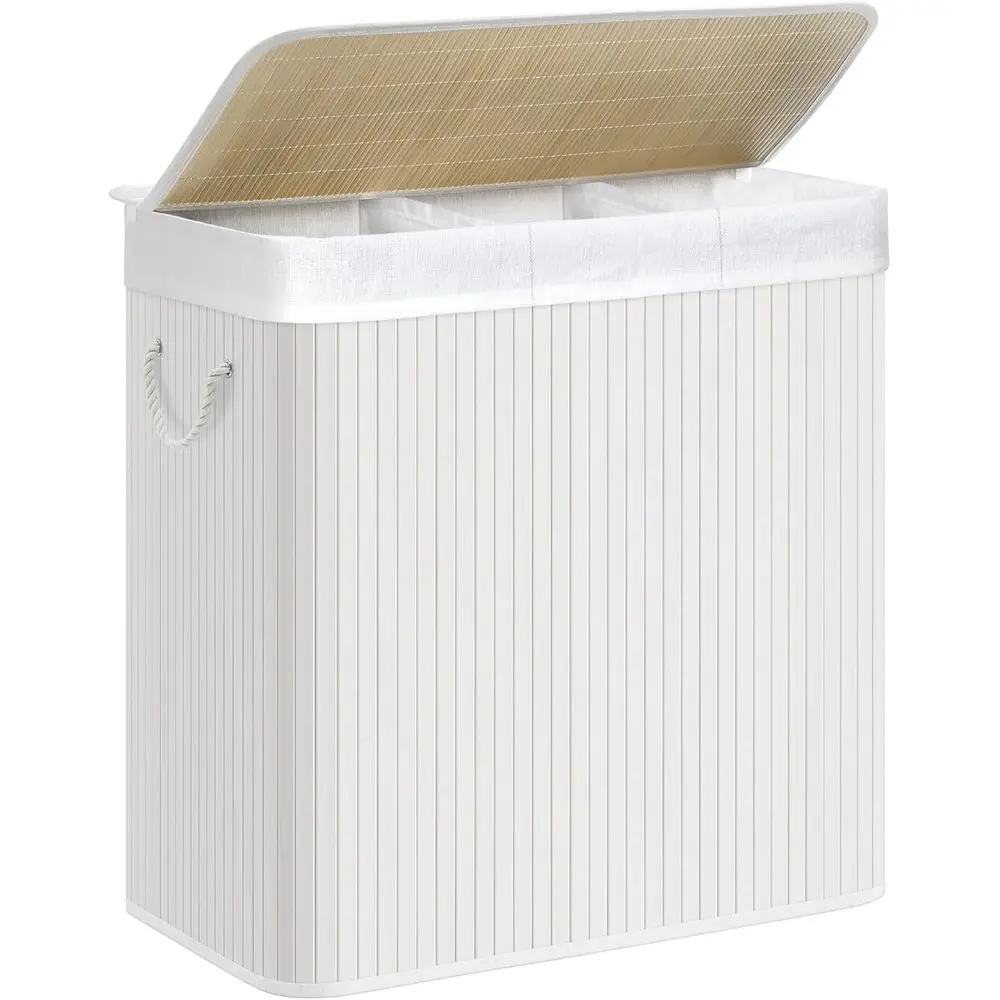 

3-Section Bamboo Laundry Hamper with Removable Washable Liner, 150L Capacity, White
