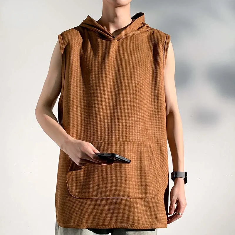 Summer Sleeveless Vest Men Solid Color Waffle Japanese Version Simple Fashion Breasted Hooded Top Casual Breathable Loose Tees