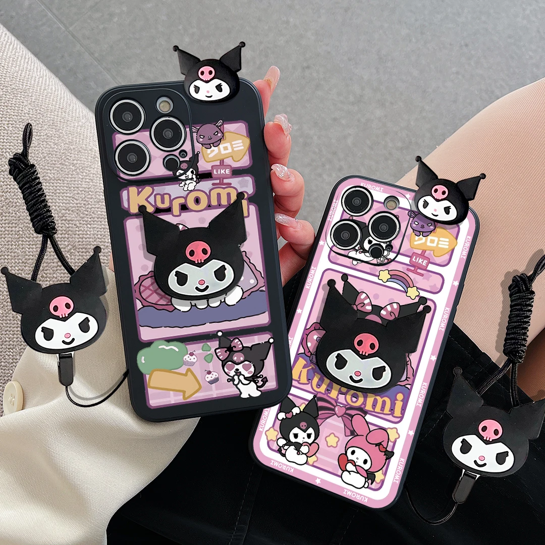 For Huawei P50 P50E P20 P30 P40 Lite P60 Pro Plus Cute Cartoon Kuromi Phone Case With Holder Lanyard Soft Silicone Cover