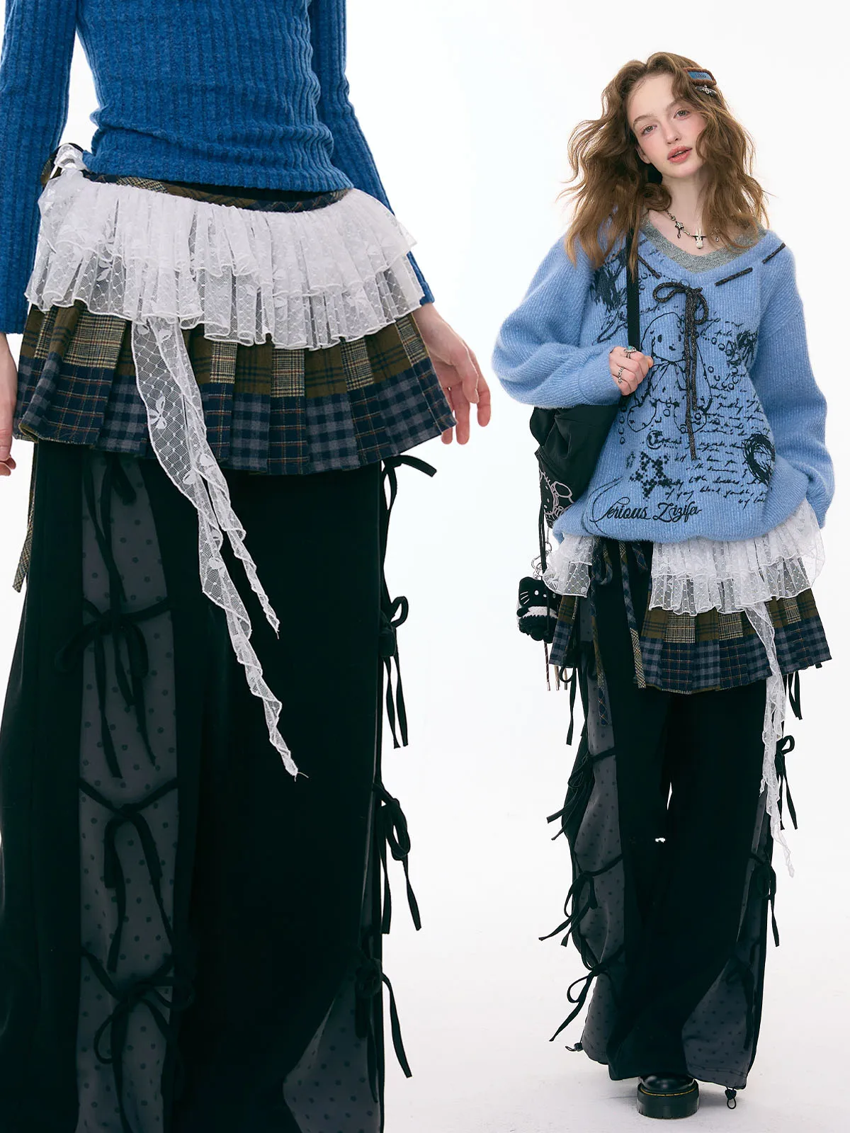 

ZiziFei Romantic Wandering Multi-Plaid Deconstructed Patchwork Double-Layer Lace Trim Wandering Sensation Curtain Women's Skirt