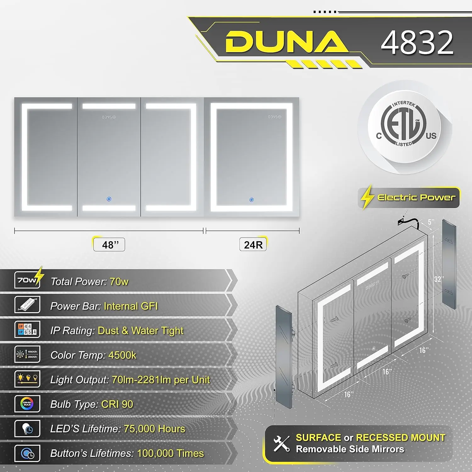 กระจก LED ตู้ยาแบบฝังหรือนาฬิกาหรี่พื้นผิวแสดงอุณหภูมิห้อง Dual Outlets Duna 48x32