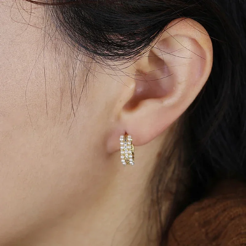 2025 New White Pearls Huggies Earrings Paved Cubic Zirconia for Women Exquisite lovely Gold Color Hoop Earring