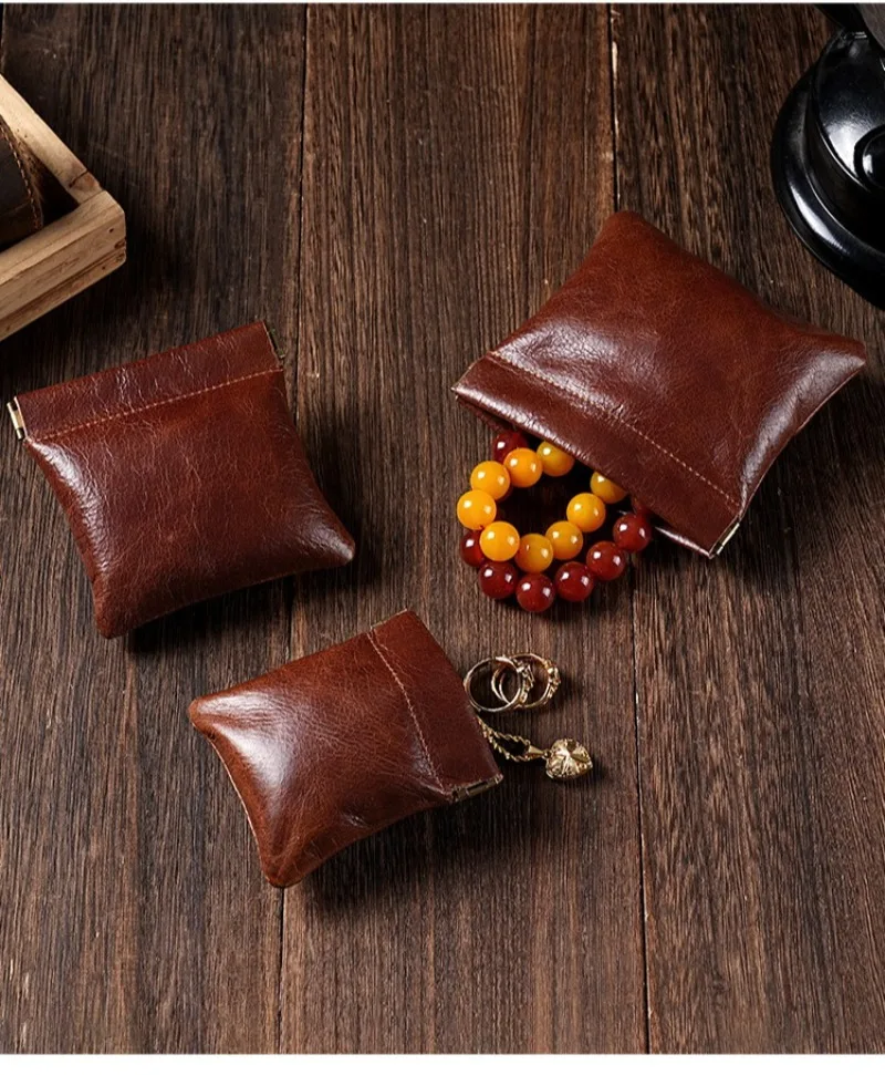 3 Size Options Genuine Leather Squeeze Coin Purse, Automatic Closing Jewelry Pouch, Multi-Size Mini Storage Bag for Small Items