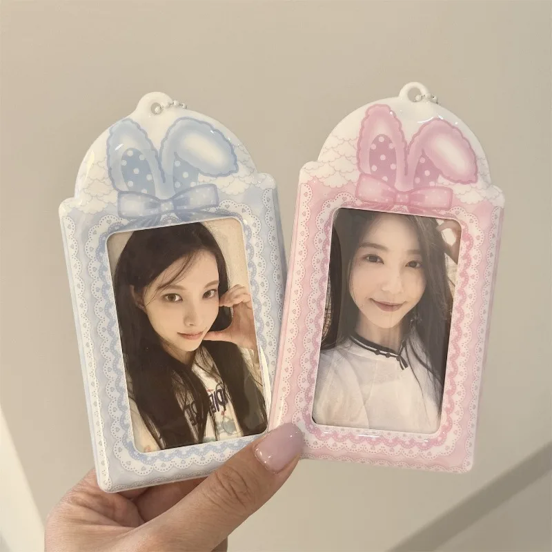 Cute Rabbit Ear Bow PVC Card Holder, 8x14cm 3 Inch Photocard Protective Sleeve, Photo Display Pendant for Idol Photo Cards