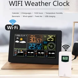 WIFI Weather Station Digital Wall Clock Indoor Outdoor Temperature & Humidity Meter Alarm Clock Time Calendar Weather Forecast