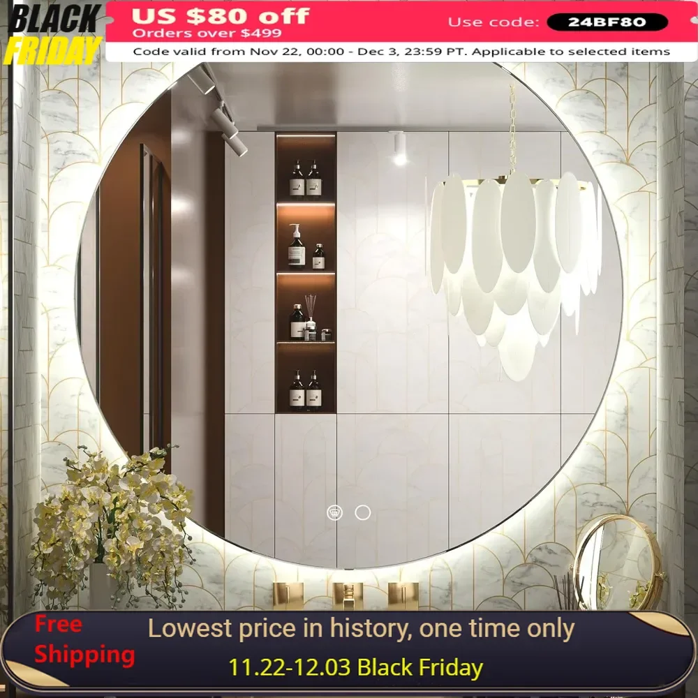 

36 Inch Bathroom Mirror, 3 Color Lights, Backlit Vanity Mirror, Wall Mounted Anti-Fog Illuminated Mirror, LED Round Mirror