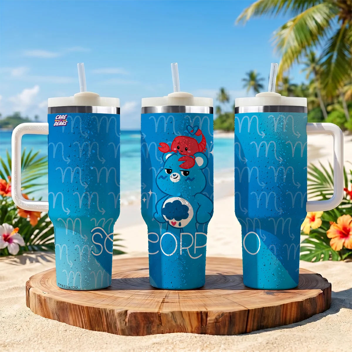 1pc 40oz Scorpio Zodiac Care Bears Print Stainless Steel Tumbler with Handle Straw for Office Camping Birthday Gift Daily Use