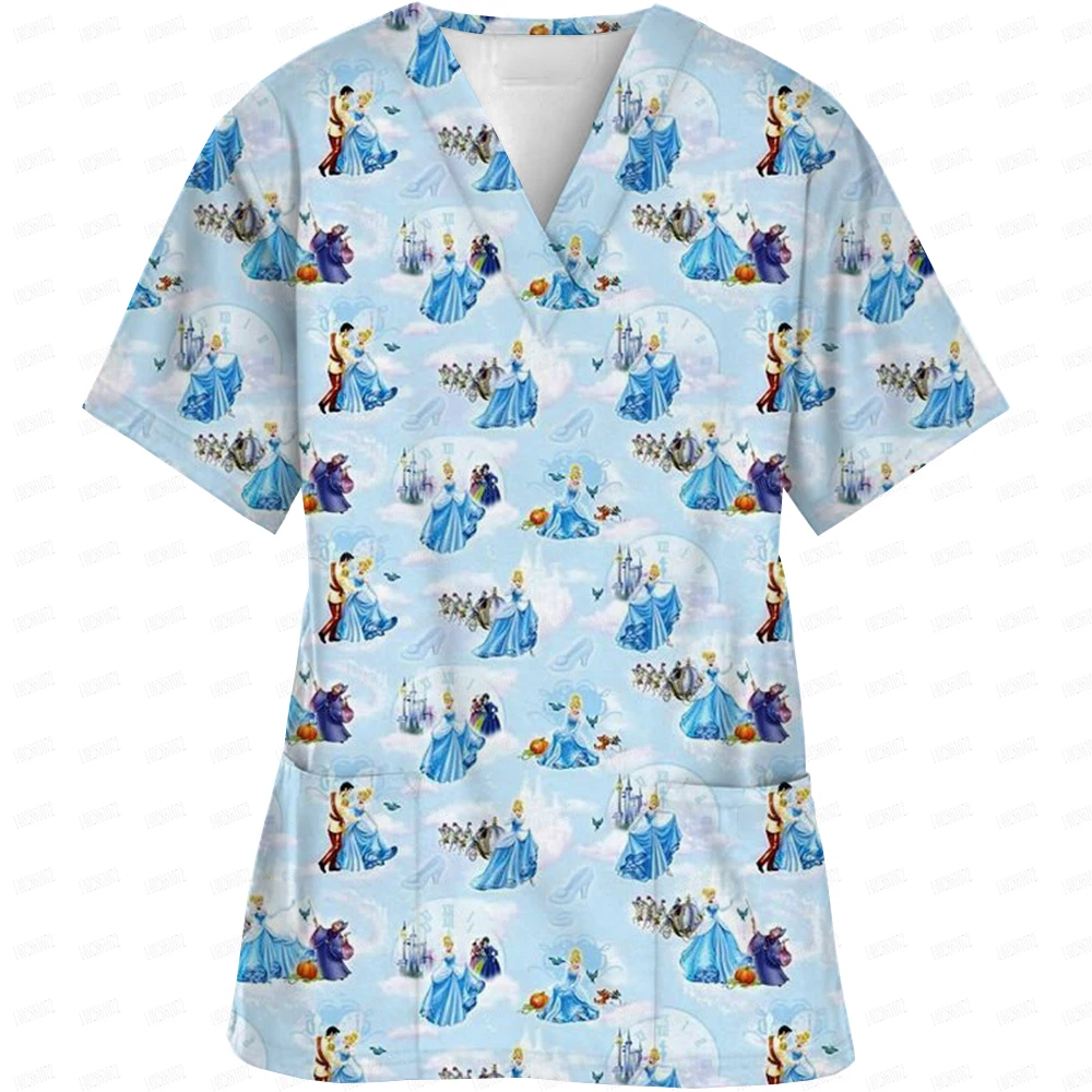 Female Nurse Uniform Frosted Top Disney Princess Printed Short Sleeved Top Surgical Nursing Medical Staff Work Uniform