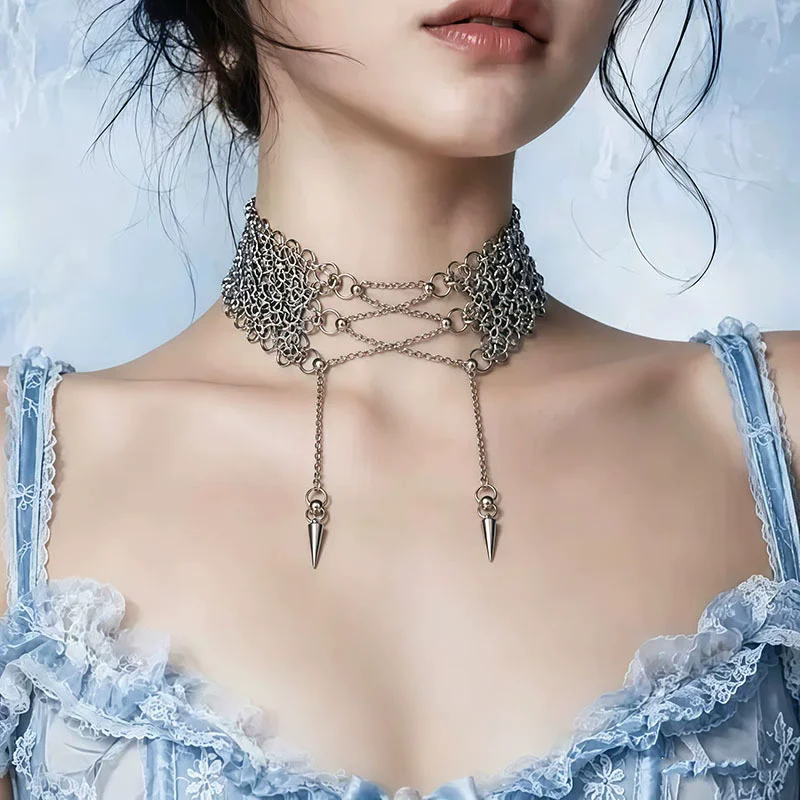 HangZhi Gothic Punk Metal Multi-layer Chain Collar Tassel Pointed Cone Pendant Necklace Hiphop Y2K Chunky Charms Jewelry New