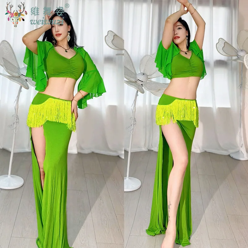 Robes de danse sexy pour femmes adultes, vêtements de danse en gaze de fil d'eau, 2 pièces, vêtements de scène à manches longues, vêtements de spectacle de concours de danse du ventre