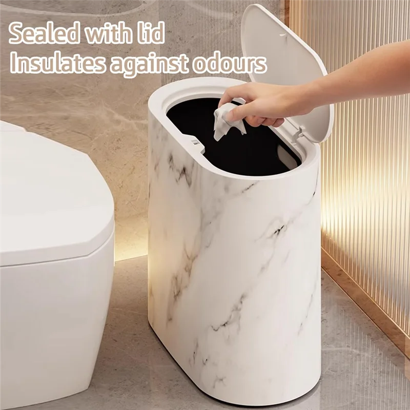 A88E-Stylish 2-Piece Marble Texture Trash Can With Lid Set For Bathroom And Living Room