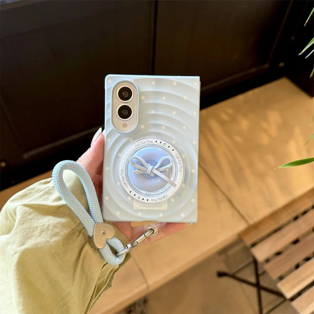 Light Blue Polka‑Dot Bow Magnetic Holder Phone Case For Samsung Galaxy Z Fold 8 Shockproof Cover With Wrist Lanyard For Girls