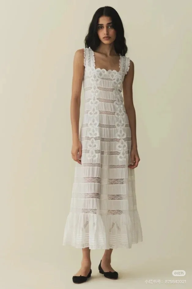 

Women Holiday Style Lace Embroidery Edge White Cotton Sling Dress