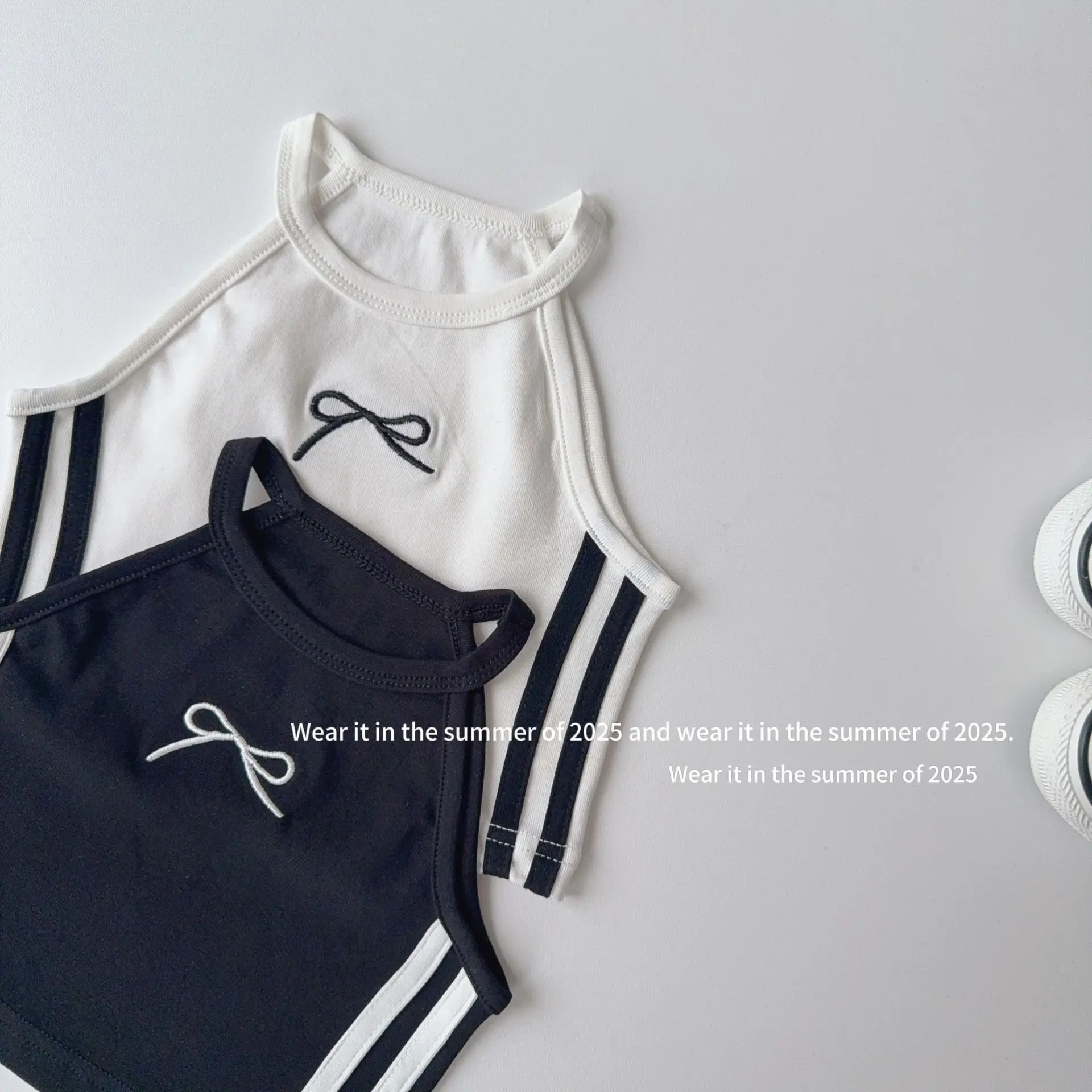 2025 Summer New Girls Sleeveless Sling Vest Cute Bow Embroidery Children T Shirts Thin Cotton Kids Short Tops Baby Clothes