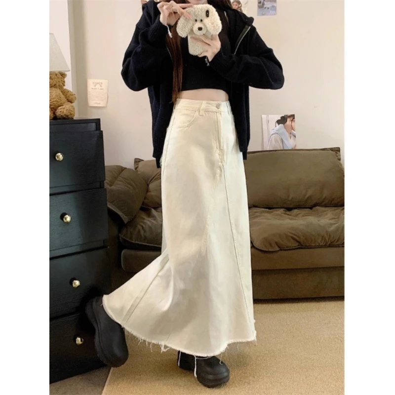 Abricot gland taille haute Denim mi-longue jupes rue vêtements pour femmes nouveau ample mince polyvalent jupe longue grande jupe parapluie