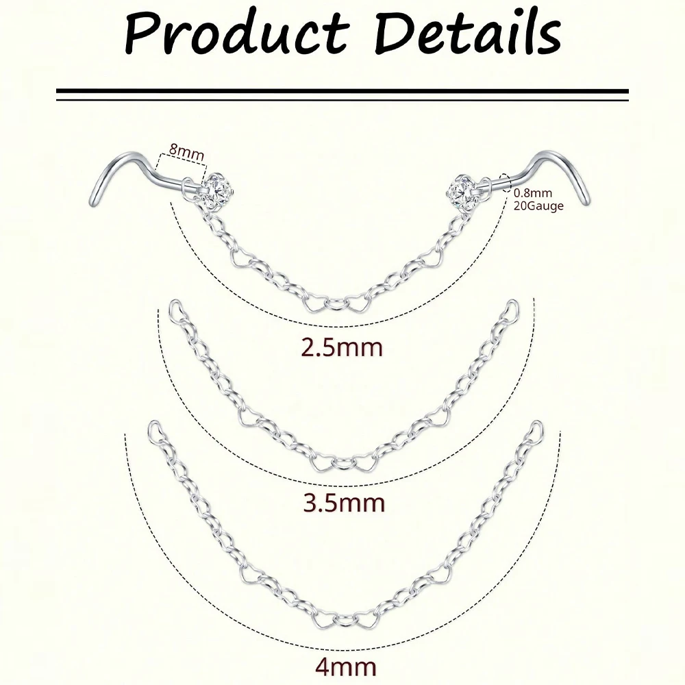 Nose Rings Chain 20g Nose Studs  316L Surgical Steel Double Chains Corkscrew Bar Hypoallergenic Jewelry