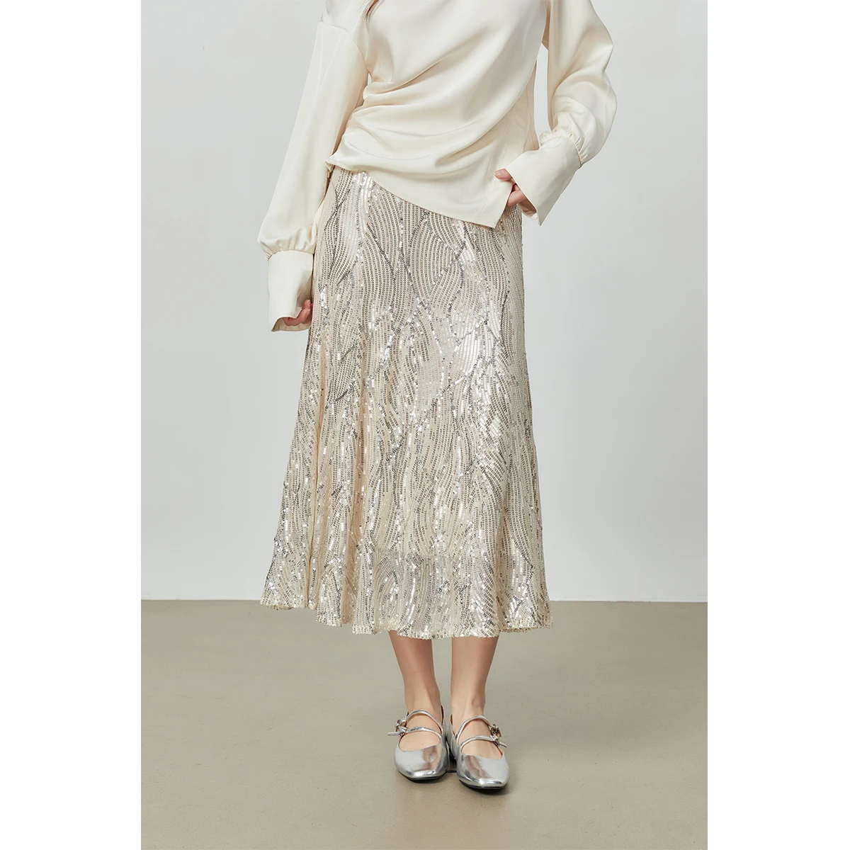 

ASSEUU Silver Sequin Fi Tail Skirt Women's A-Line Midi Skirt Spring 2026 Ele Drapey Skirt Ci Commute Friendly
