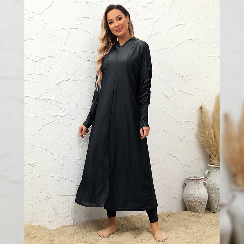 Costumi da bagno per Hijabis Nero a copertura totale Manica lunga Costumi da bagno musulmani Protezione solare Burkini 3 pezzi Set Burkini islamico