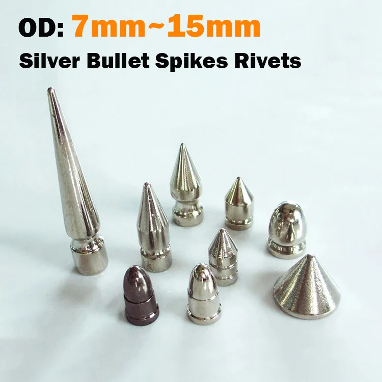 7/8/9/15mm  Silver Bullet Spikes Rivets for Clothes Punk Rock Thorns Screw Spikes Leather Craft Jacket Accessary with Screws