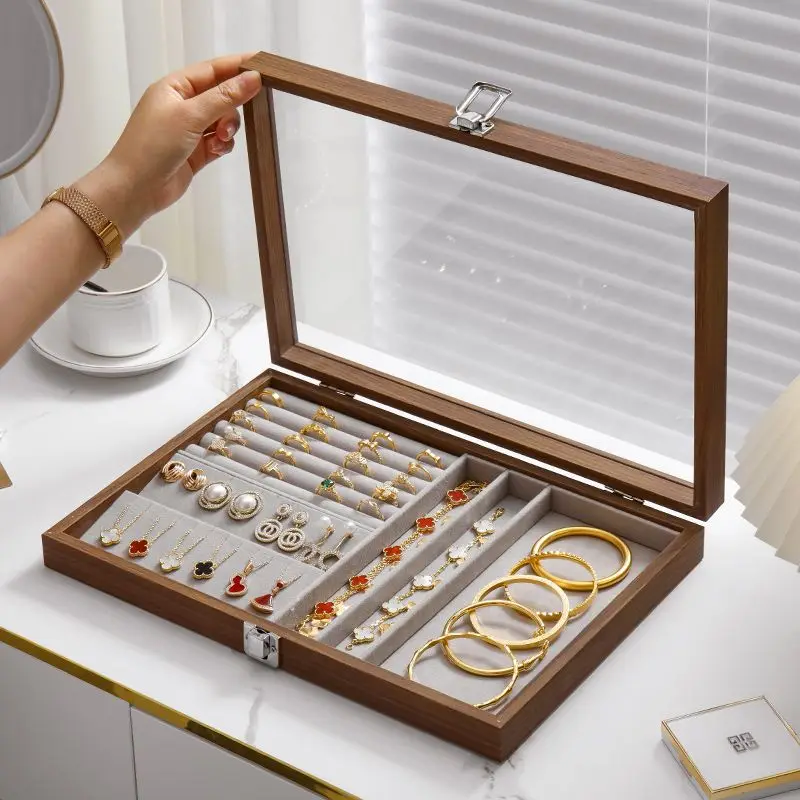 Jewelry Organizer Box Wooden with Glass Lid Anti-Dust, Storage Containers for Necklace Bracelet Ring Earrings, Home Display Case