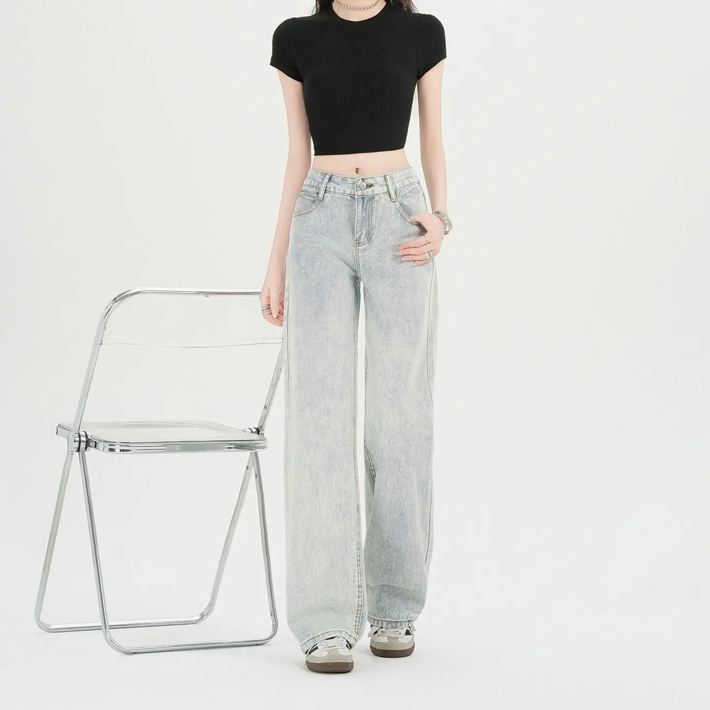 Low Rise Straight Leg Jeans Womens Light Blue Loose Fit Slimming Narrow Version Wide Leg Trousers Y2K Casual Streetwear Summer