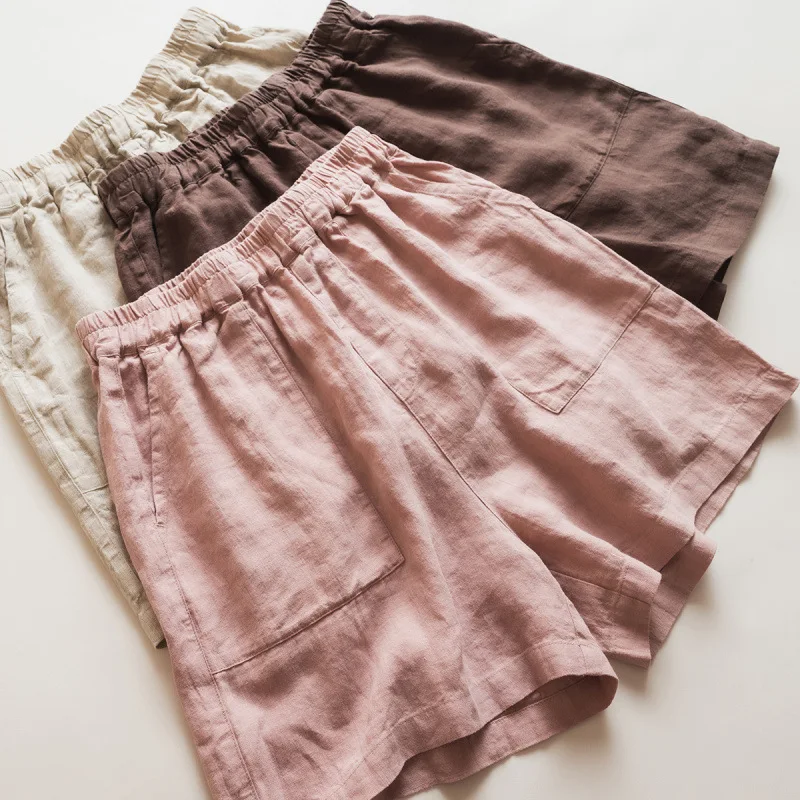 

2026 Summer New Sand Washed Pure Linen Loose Solid Color Simple Casual Five Point Shorts for Women