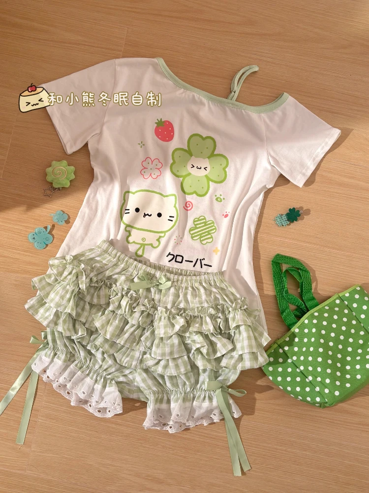 Japanese Kawaii Off Shoulder Tops+Plaid Skirt Set Women Cute Clover Print Tee and Lace Trim Mini Skirt Soft Girl Summer Outfit image 4