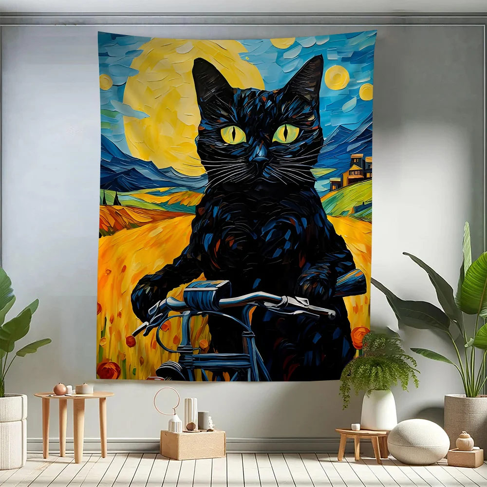 

Van Gogh The Starry Night Romantic Black Cat Hanging Bohemian Tapestry Home Decoration Hippie Bohemian Hanging Home Decor