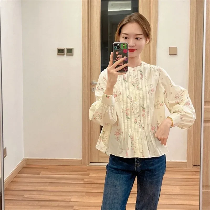 

2025 Blusas Mujer De Moda Summer Blouse Vintage Shirts Floral Long Sleeve Blouses Women Clothing O-neck Loose Pleated Chic Tops