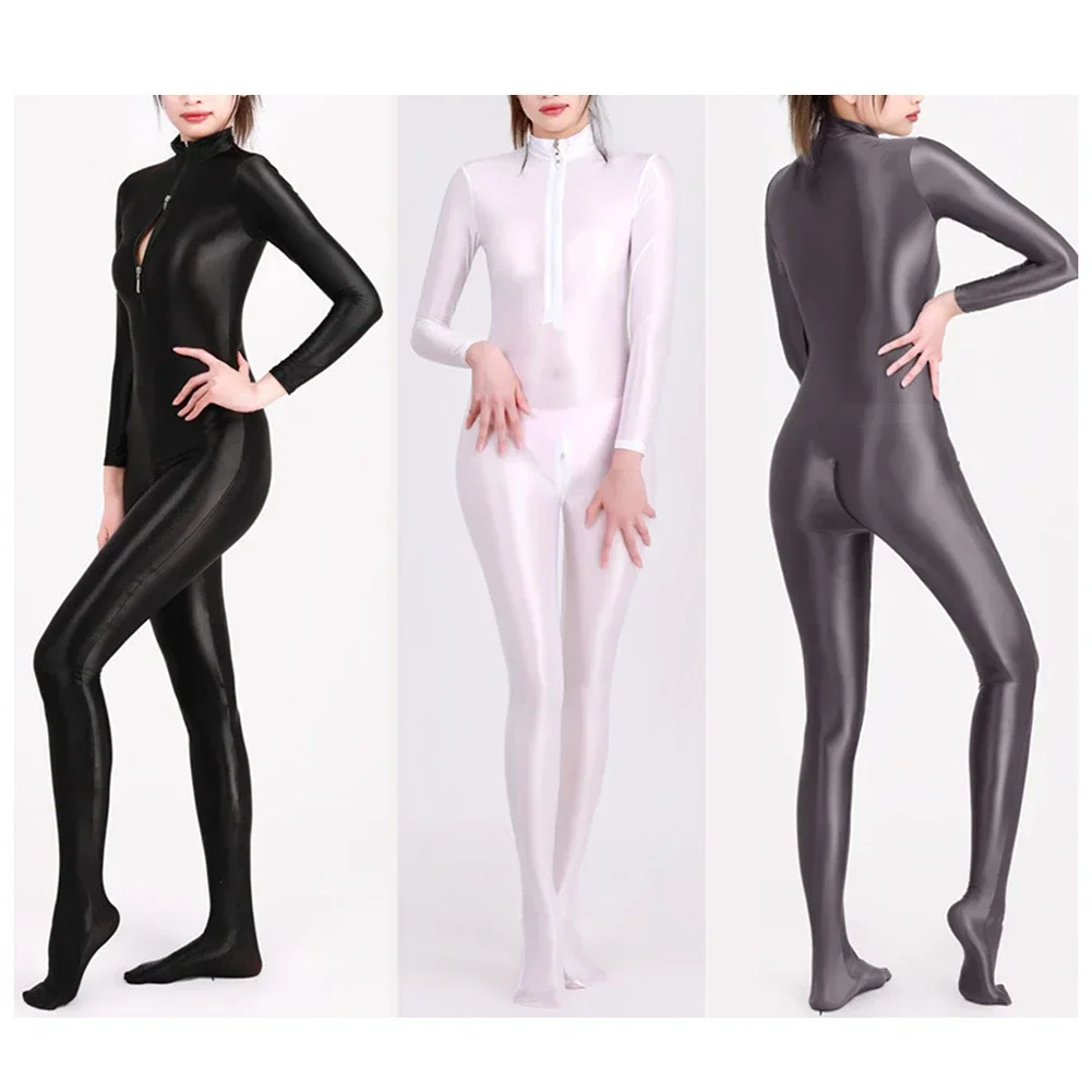 Vrouwen vette glanzende elastische bodysuit met lange mouwen Full Body panty Crotchless zijdeachtige bodystocking nachtkleding