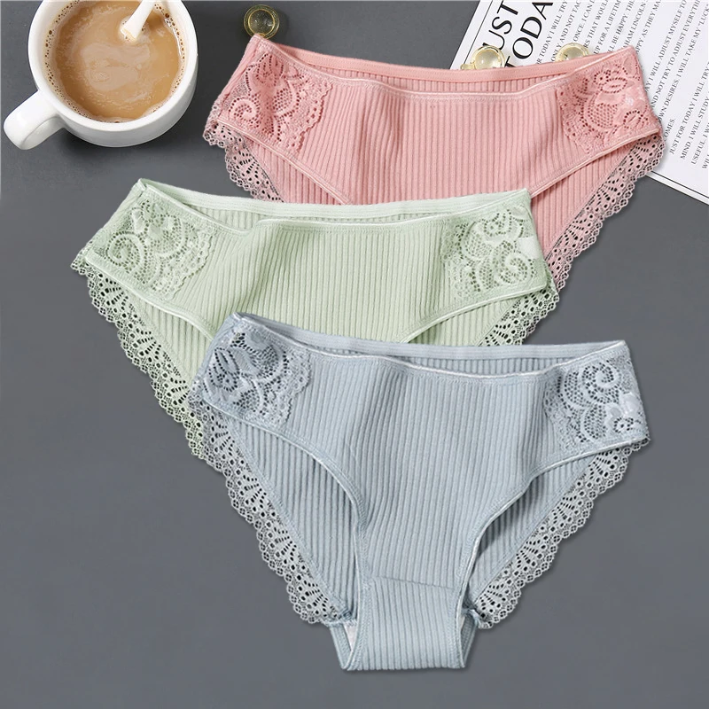 FINETOO 3 Teile/satz Frauen Baumwolle Höschen M-2XL Low-Rise Unterwäsche Trendy Patchwork Spitze Slip Weibliche Weiche Unterhose Dessous 2022