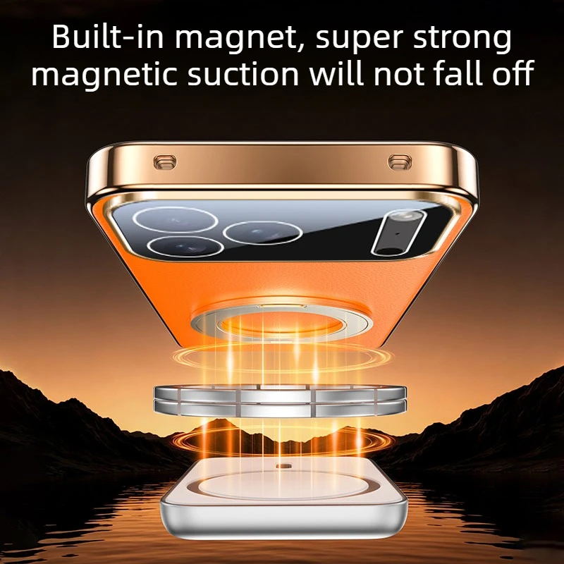 Luksusowe etui na telefon z wykończeniem w formie metalowego obwódku, przeznaczone do modeli iPhone 18, 17 Air, 16, 15, 14, 13 Pro Max, z funkcją MagSafe, magnetycznym uchwytem i obrotową podstawką. — zdjęcie produktu 4