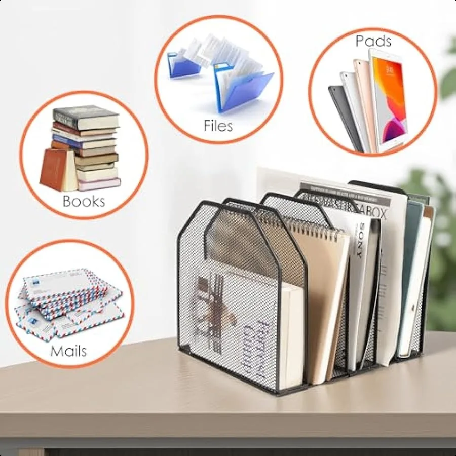 منظم ملفات مكتبي قابل للتعديل 5 أقسام منظم سطح المكتب المستقيم فارز الملفات شبكة معدنية قوية رف الكتب العمودي حامل الملفات