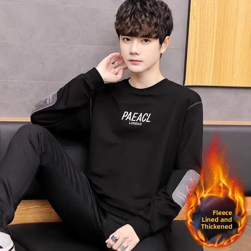 เสื้อฮู้ดผู้ชาย Thiened Fce รุ่นอุ่นสบายสำหรับฤดูใบไม้ร่วงและฤดูหนาว ทรงกลม ใส่แบบสวมศีรษะ ทนทานต่อการใช้งาน ดีไซน์เรียบง่าย สไตล์ลำลองสำหรับวัยรุ่น ทรงหลวม ไซส์ L...