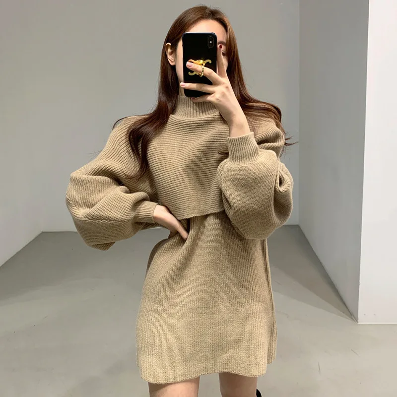 

2024 Korea Autumn Winter New Midi Knitted Two-Piece High Neck Suit Vest Dress Balloon Sleeve Loose Sweater Women