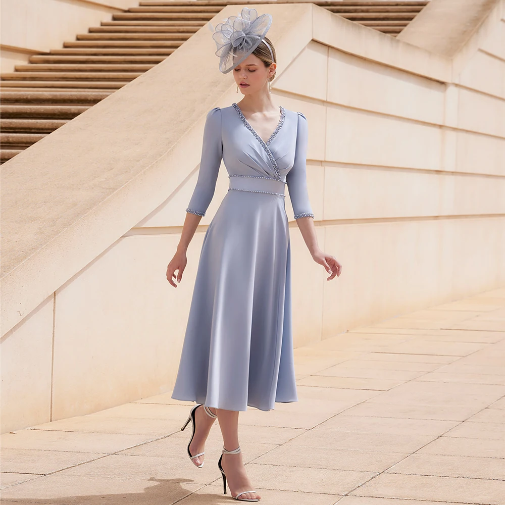 

Midi Mother of the Bride Dresses for Weddings A Line Elegant Wedding Guest Gowns for Women 3/4 Sleeves V Neck Beaded Party Dress