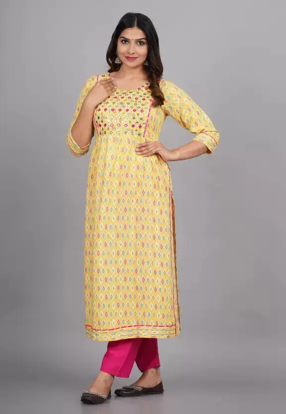 Rayon Yellow Kurta Pink Pant Set Indian Women Salwar Kameez Kurti Dress