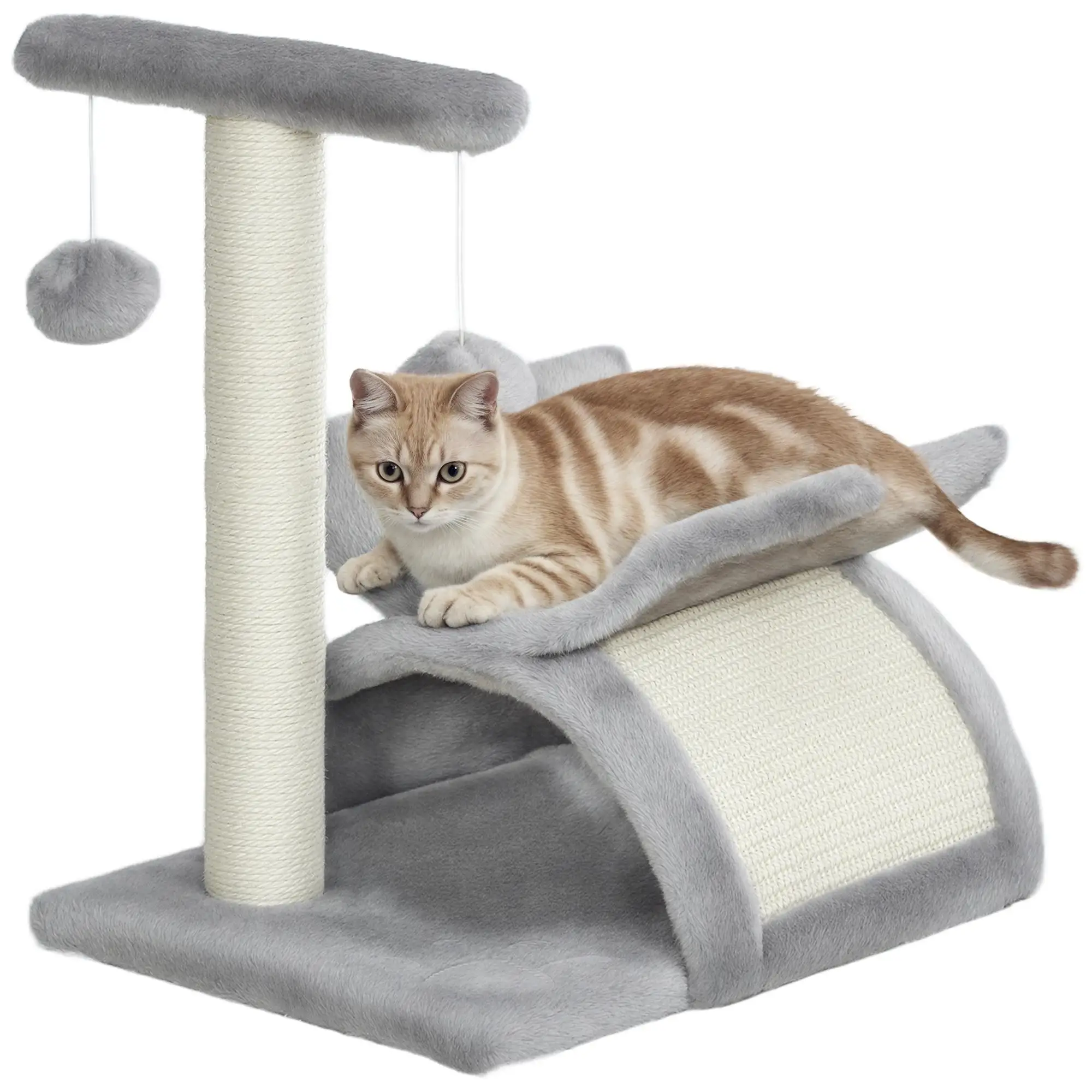 PawHut Griffoir pour petits chats avec plateforme rotative, balles de jeu et cachette 40x30x43 cm Gris