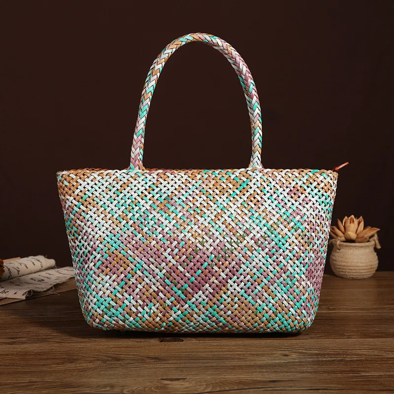 Real Leather Women Handbag retro Handmade Woven Totes Female Cowhide white weave Holiday Big Bag Causal Soft Handbags