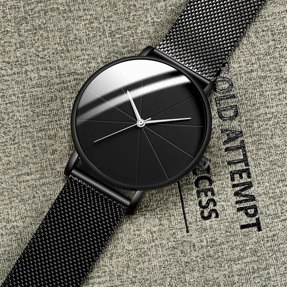 Minimalist Mens Fashion Watches Simple Men Business Ultra Thin Stainless Steel Mesh Belt Quartz Watch