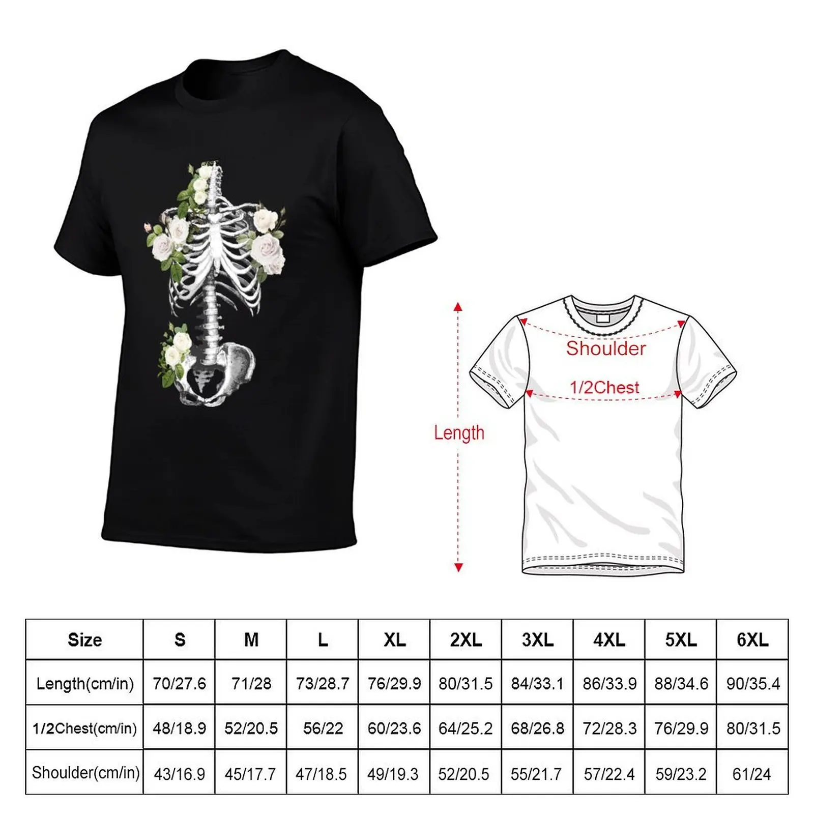 Ossos e Botânica, Ribcage cheio de rosas e folhas brancas, Anatomia Arte, torácica, preto e branco, folhas anatomia Ribca Camiseta