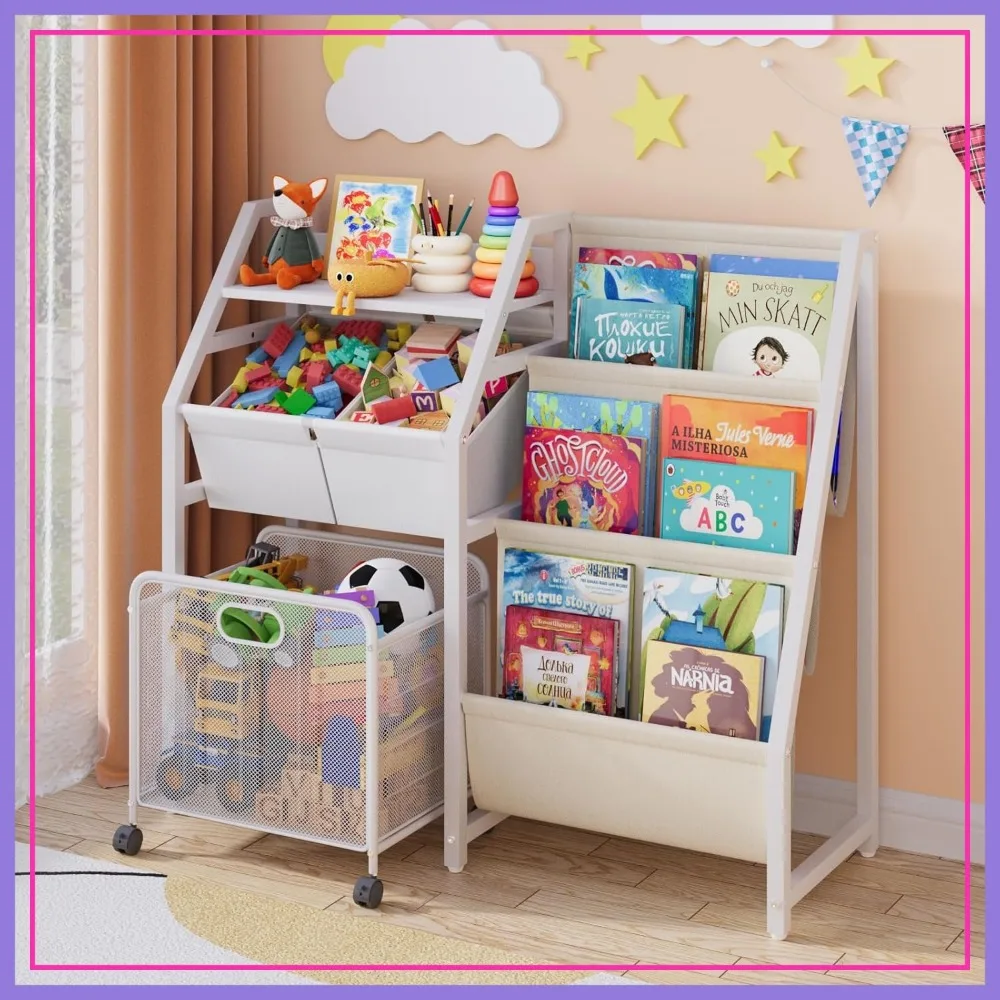 

Kids Bookshelf and Toy Storage Organizer, 3 Tier Book Shelf with Movable Drawer, 2 Toy Bins, White