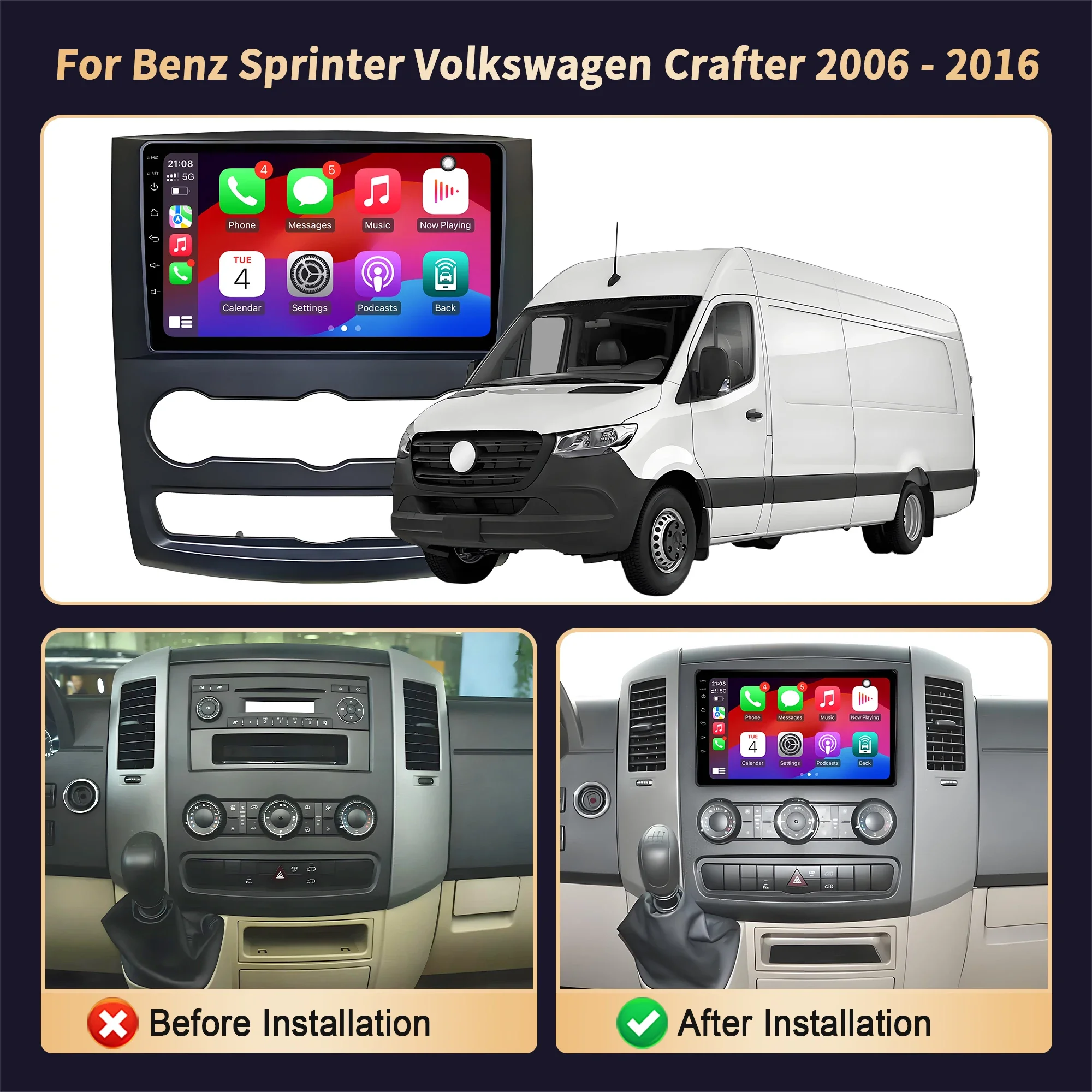 راديو السيارة GPS لبنز سبرينتر فولكس فاجن كرافتر 2006-2016 لاسلكي أندرويد 14 الوسائط المتعددة الملاحة CarPlay 2K QLED شاشة #2