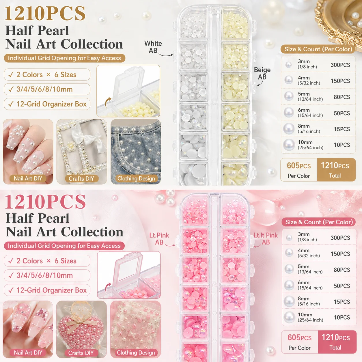 1210PCS Half Pearl Nail Art Kit with 12-Grid Box, 10 Colors × 6 Sizes (3-10mm), Premium DIY Decoration Gems Set