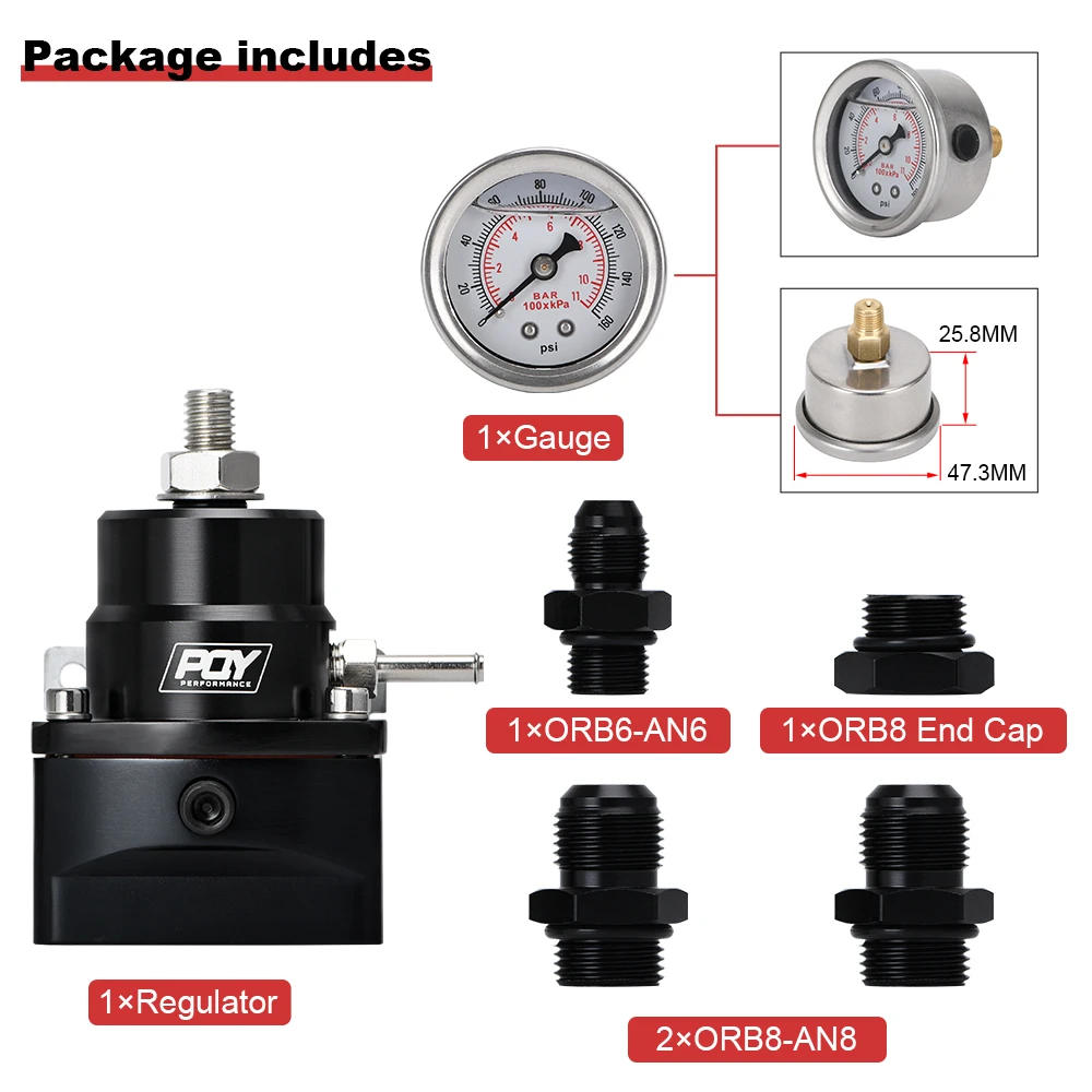 PQY Adjustable Fuel Pressure Regulator with Oil Gauge & AN8 Feed Fitting & AN6 Return Line Fitting & AN8 End Cap
